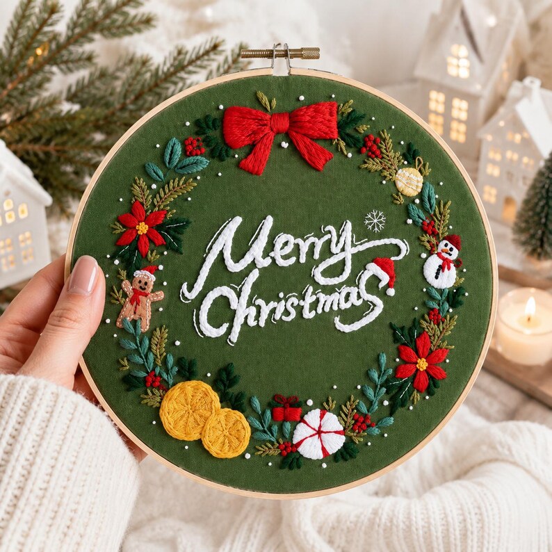 Christmas Embroidery Kit, Festive Wreath Hoop Art, DIY Holiday Decor