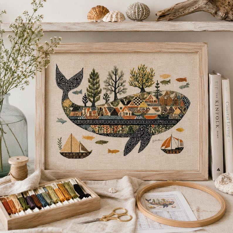 Whale Cross Stitch Kit for Beginners, Coastal Counted Cross Stitch Kit, Ocean Needlework Pattern, Na