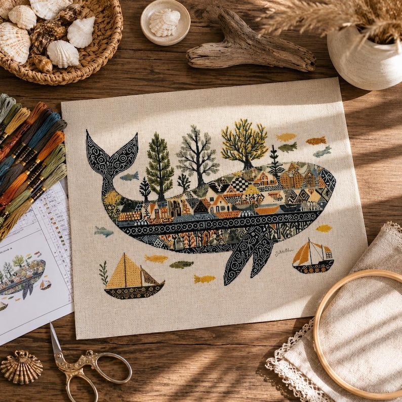 Whale Cross Stitch Kit for Beginners, Coastal Counted Cross Stitch Kit, Ocean Needlework Pattern, Na