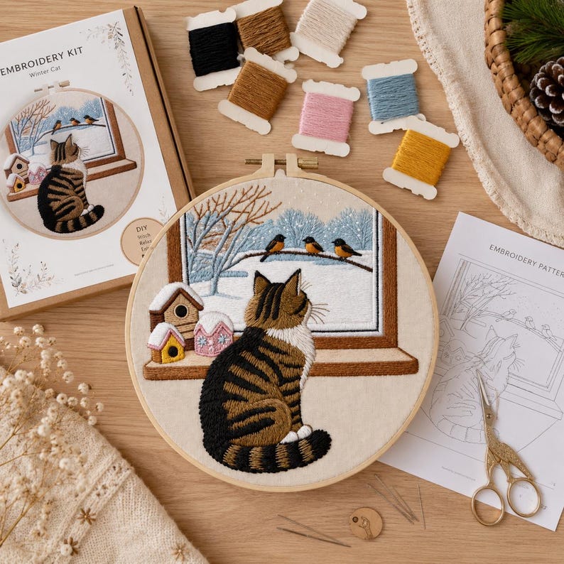Winter Cat Embroidery Kit for Beginners, Cozy Cat DIY Embroidery Kit, Snowy Window Needlepoint Kit, 