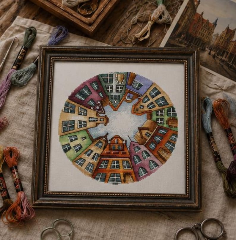 City Architecture Cross Stitch Kit, European Street Counted Cross Stitch Kit, Urban Landscape DIY Ne