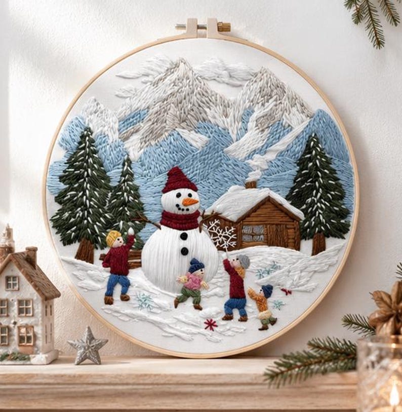 Winter snowman embroidery kit finished piece in hoop