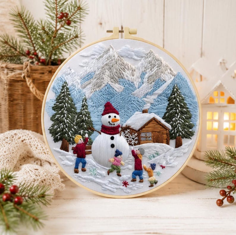 Winter snowman embroidery kit stitching detail