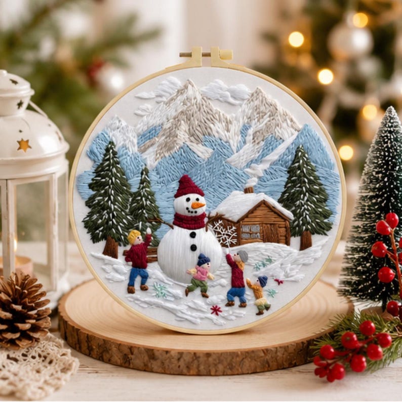 Winter snowman embroidery kit finished cabin scene cross stitch