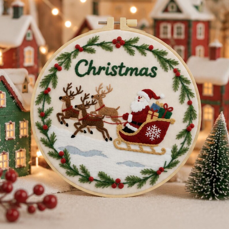 Santa Embroidery Kit for Beginners, Christmas Embroidery Kit, Santa Sleigh DIY Needlepoint Kit, Holi