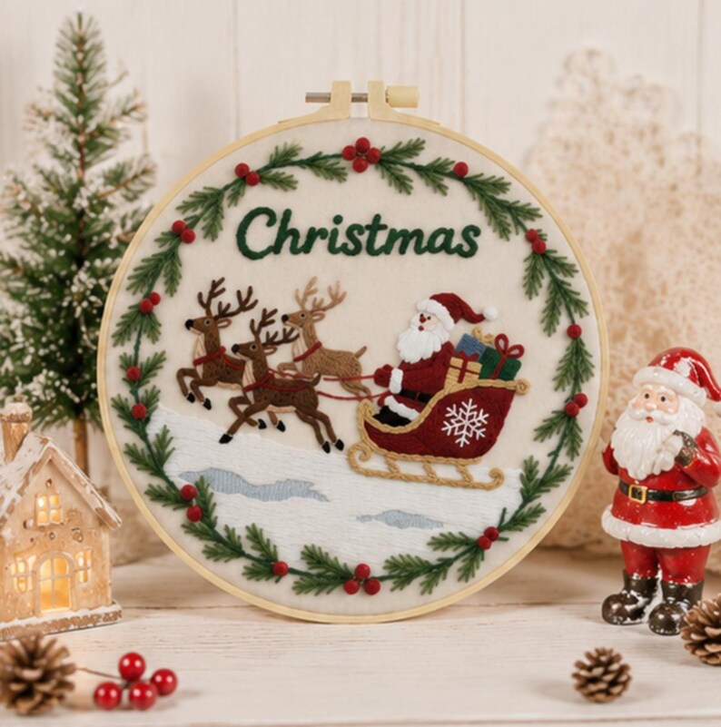 Santa sleigh embroidery kit contents