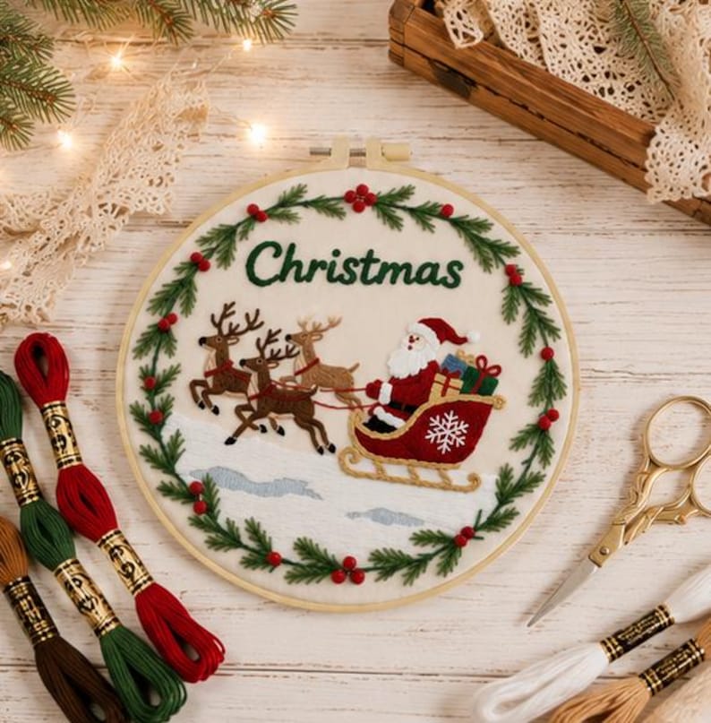 Santa sleigh embroidery pattern detail