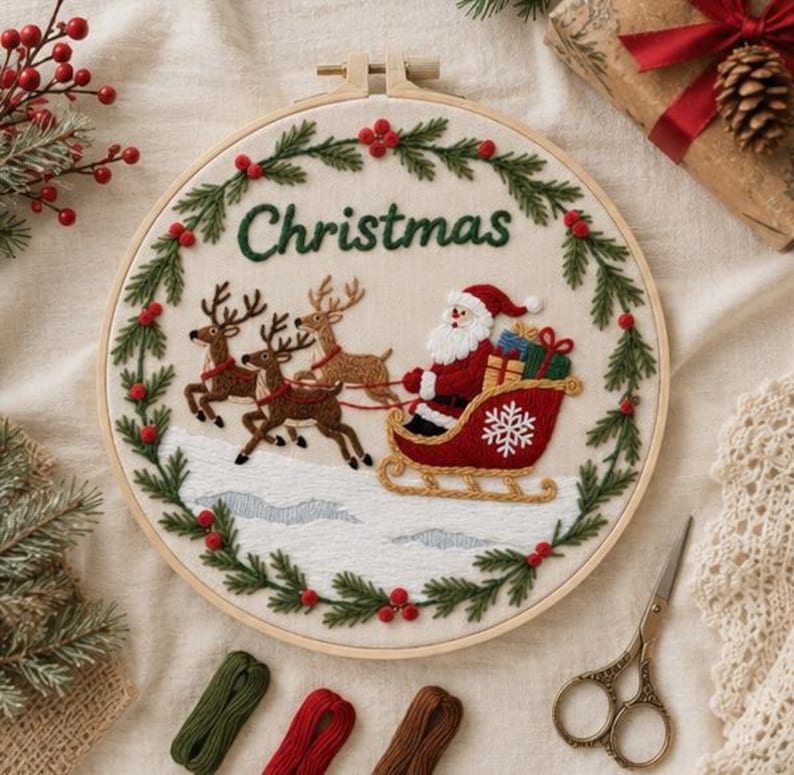 Santa sleigh embroidery kit displayed