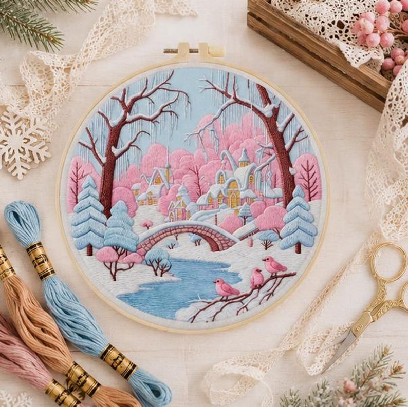 Winter Village Embroidery Kit for Beginners, Pink Winter Landscape DIY Embroidery Kit, Snowy Cottage
