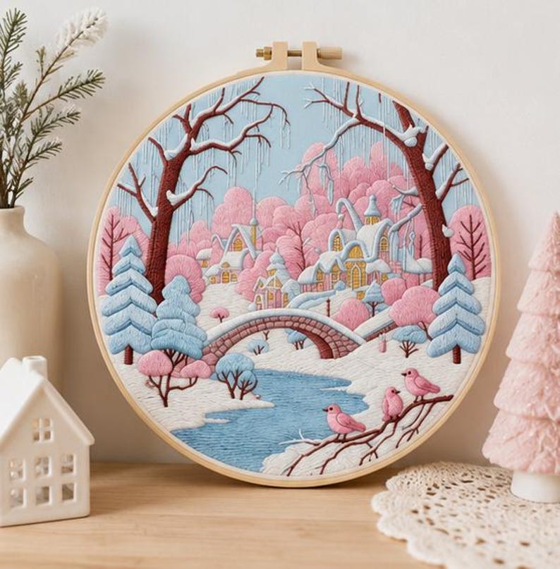 Winter Village Embroidery Kit for Beginners, Pink Winter Landscape DIY Embroidery Kit, Snowy Cottage