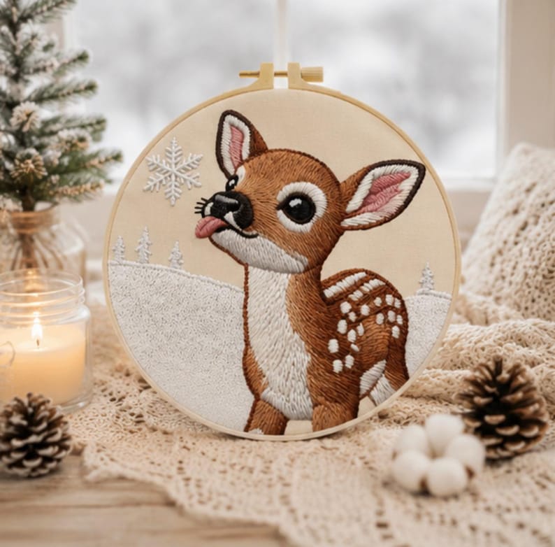 Baby deer embroidery kit finished piece