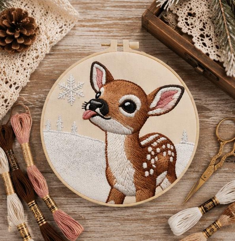 Baby deer embroidery kit displayed in nursery