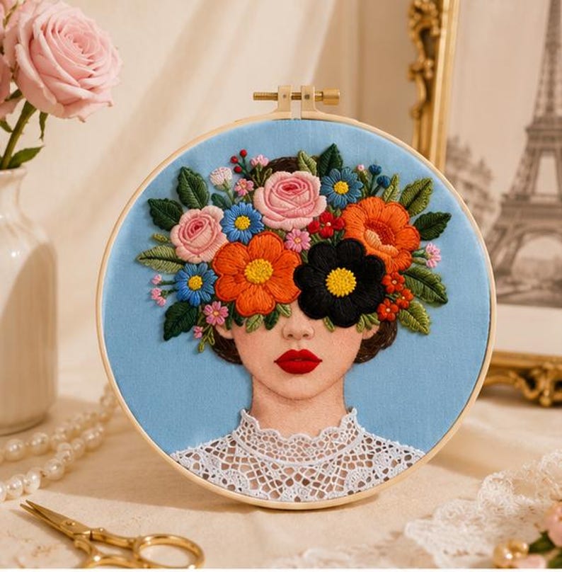 Floral woman embroidery kit finished piece
