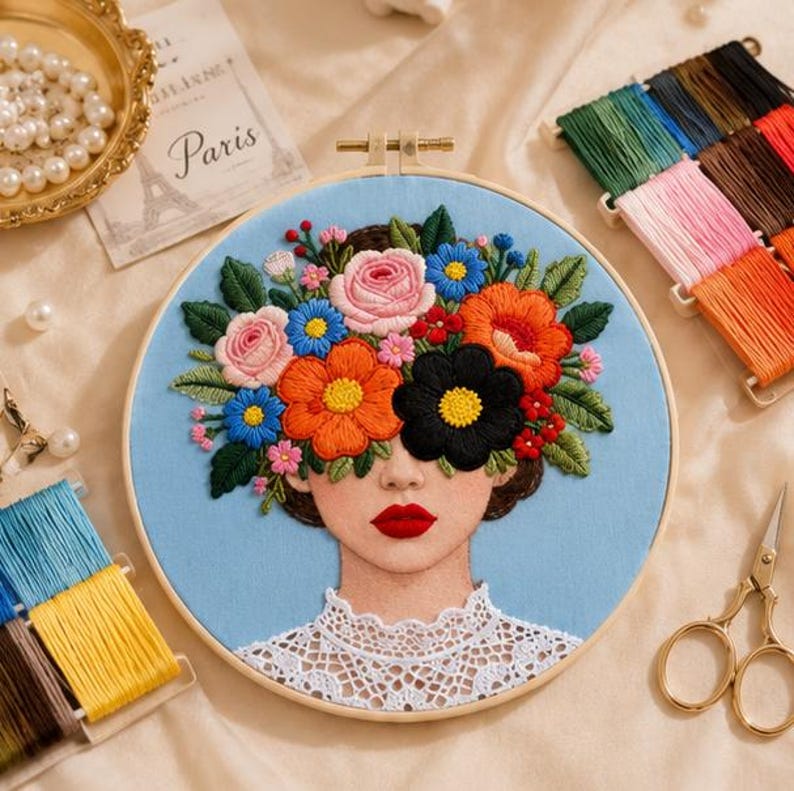 Floral woman embroidery kit close up