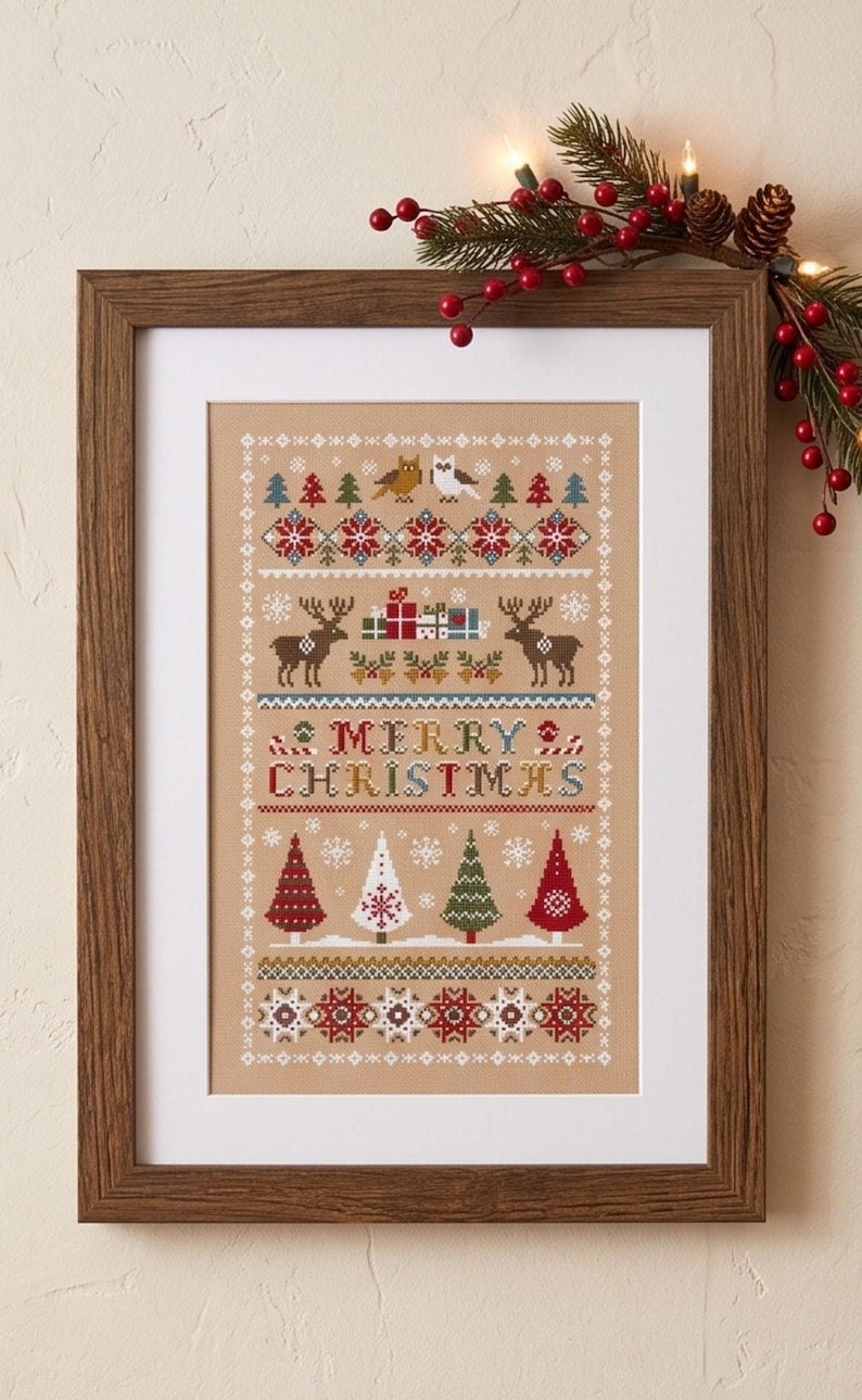 Christmas Cross Stitch Kit, Merry Christmas Embroidery Pattern, Scandinavian Holiday DIY Kit, Winter