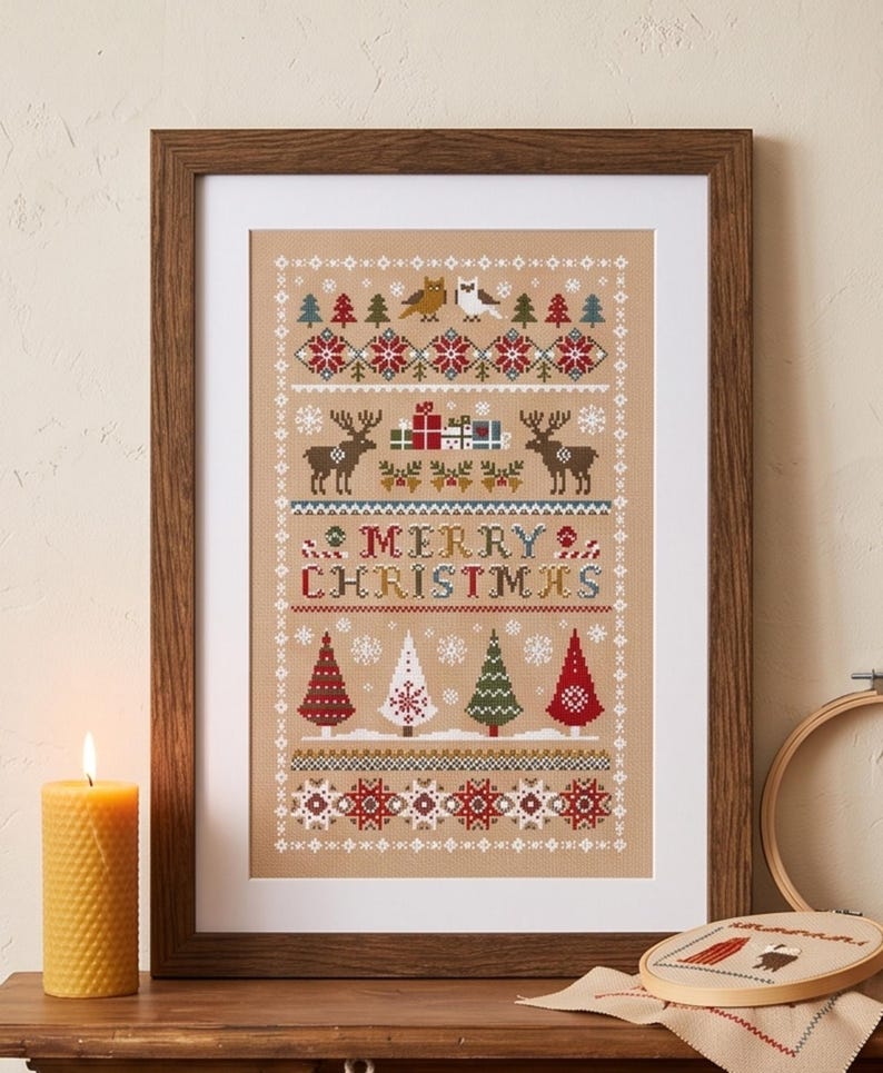 Christmas Cross Stitch Kit, Merry Christmas Embroidery Pattern, Scandinavian Holiday DIY Kit, Winter