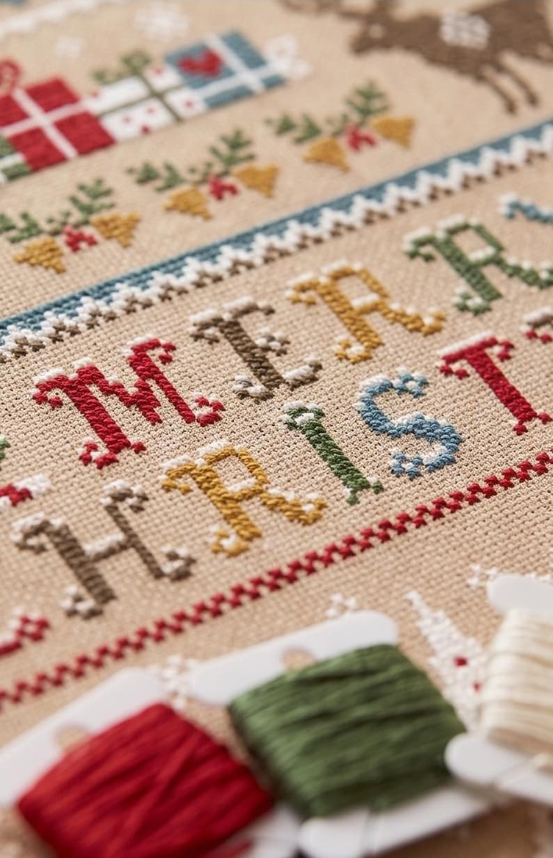 Christmas Cross Stitch Kit, Merry Christmas Embroidery Pattern, Scandinavian Holiday DIY Kit, Winter