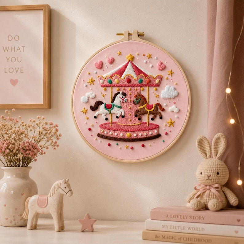 Carousel embroidery kit close up stitching