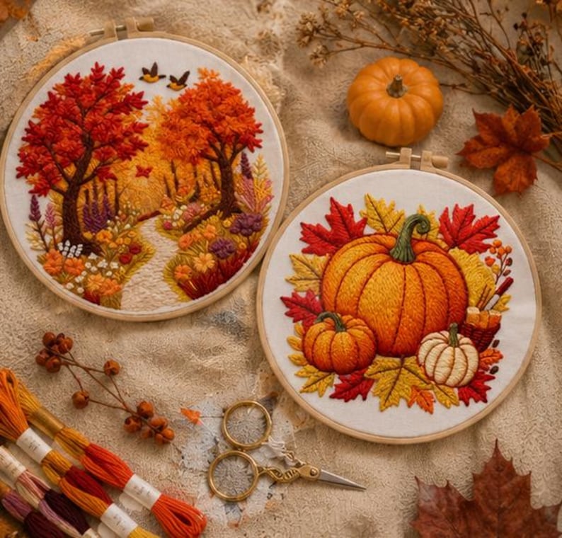 Pumpkin harvest embroidery hoop finished piece