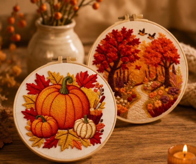 Autumn embroidery kit set with pumpkin harvest and woodland landscape hoops