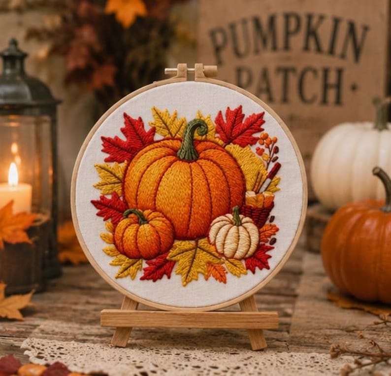 Autumn embroidery hoops displayed as seasonal home decor