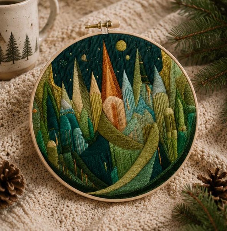 Nordic forest embroidery kit hoop art display