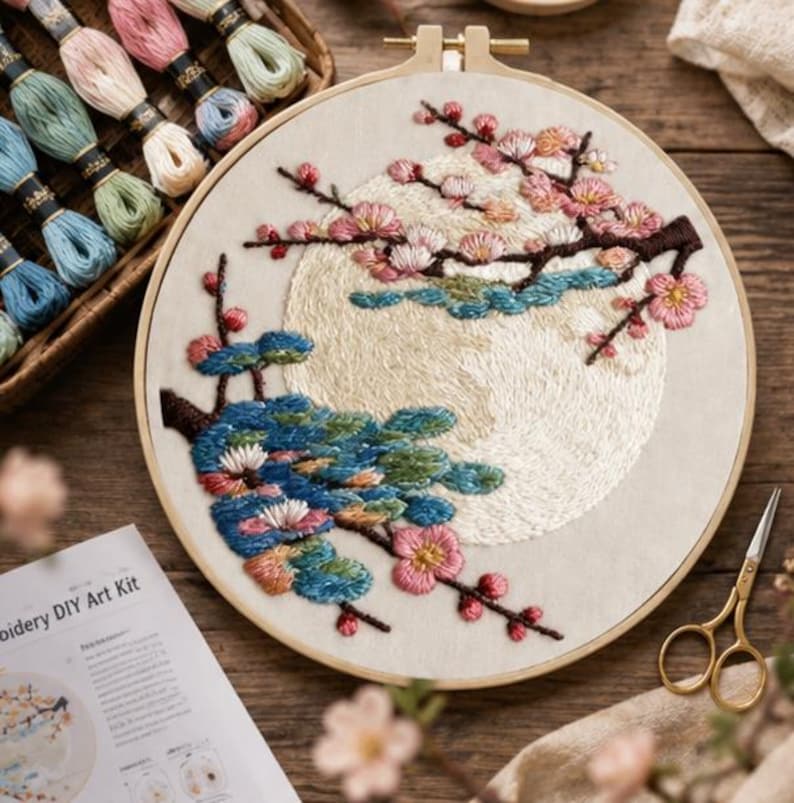 Moon cherry blossom embroidery kit in progress