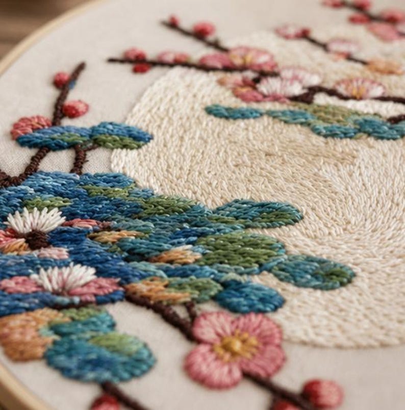 Moon cherry blossom embroidery kit size options