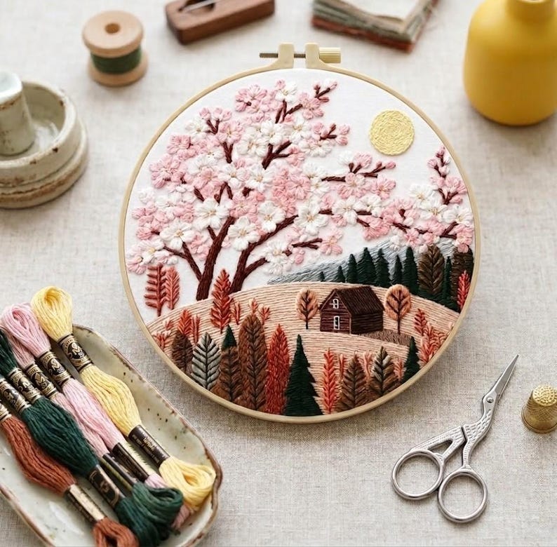 Cherry blossom cottage embroidery kit fabric and supplies