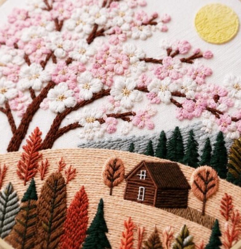 Cherry blossom cottage embroidery kit close-up detail