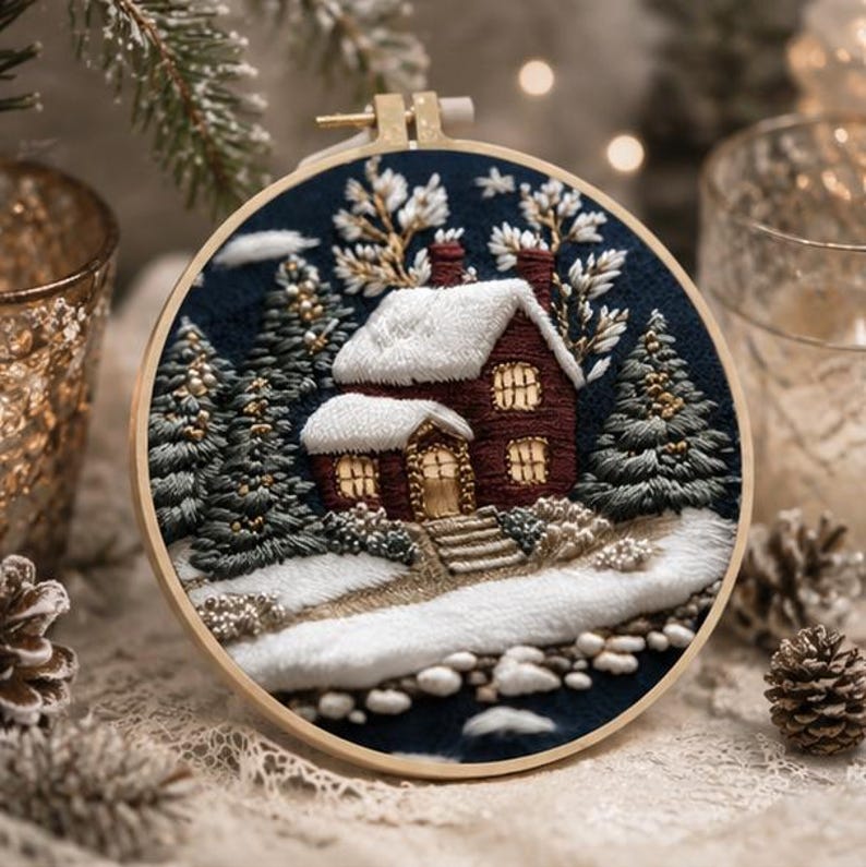 Winter Cabin Embroidery Kit for Beginners, DIY Christmas Embroidery Kit, Snowy Cottage Needlepoint K