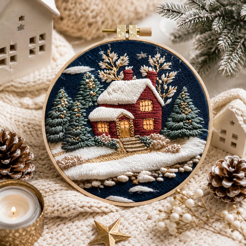 Winter Cabin Embroidery Kit for Beginners, DIY Christmas Embroidery Kit, Snowy Cottage Needlepoint K