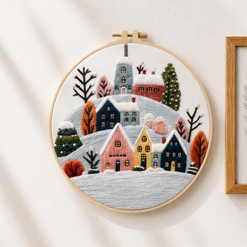 Winter village embroidery kit contents with bamboo hoop