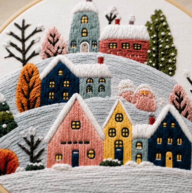 Winter village embroidery kit finished piece in hoop