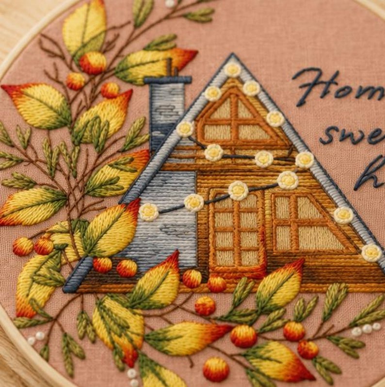 Home sweet home embroidery stitching close-up