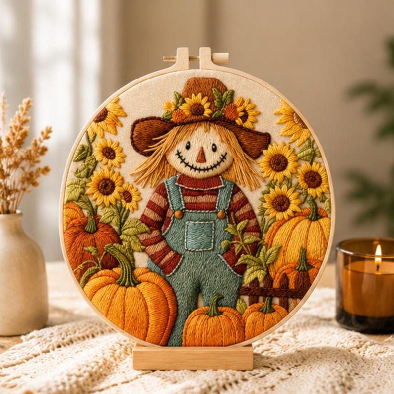 Autumn scarecrow embroidery hoop with pumpkins and sunflowers