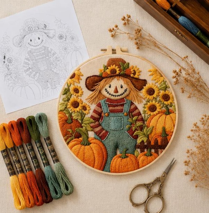 Close up of scarecrow embroidery stitching detail