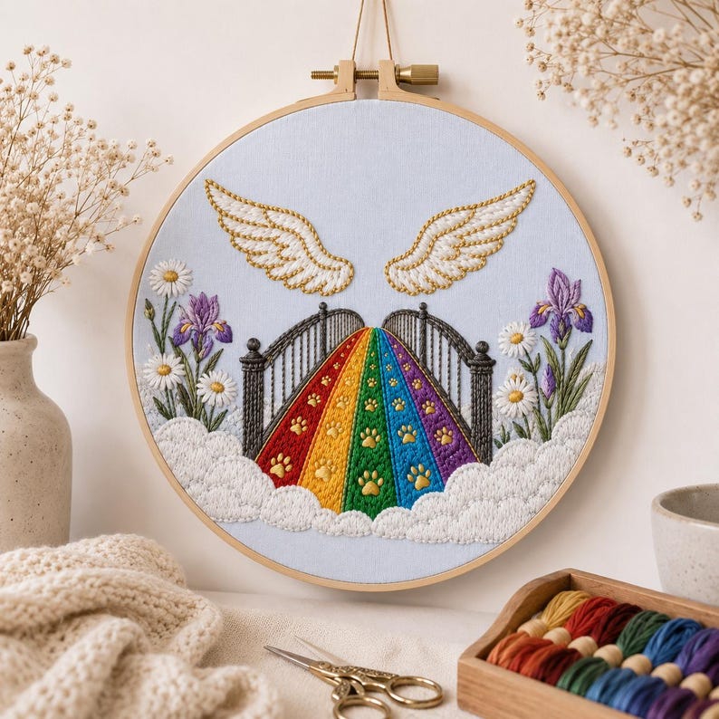 Rainbow bridge embroidery paw print close-up