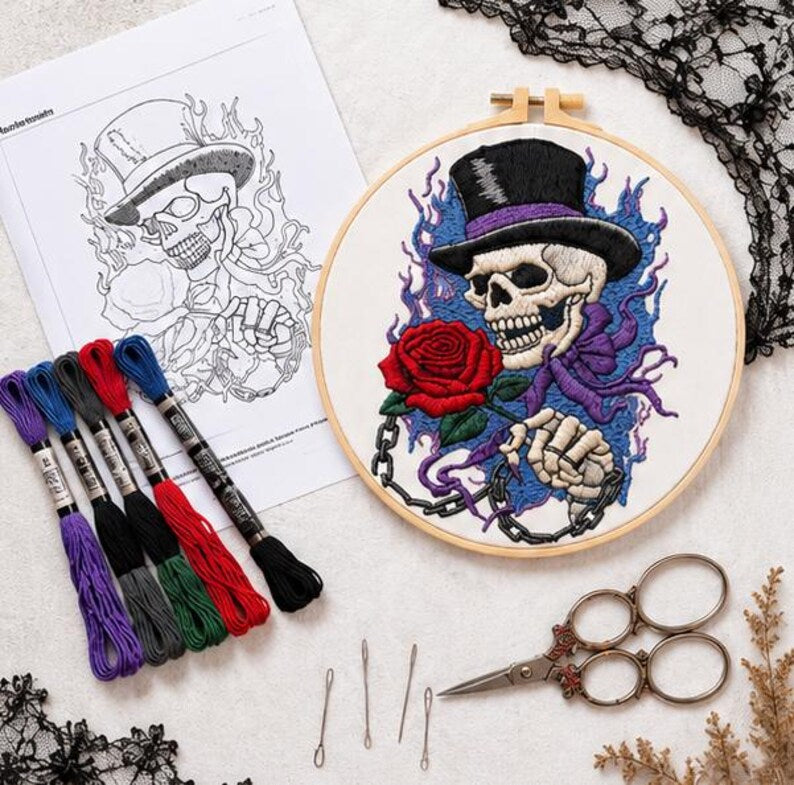 Gothic skull rose embroidery hoop displayed as dark academia decor