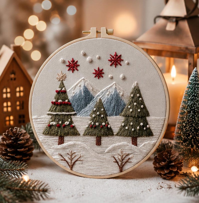 Christmas Tree Embroidery Kit for Beginners, Winter Mountain Embroidery Kit, DIY Snow Landscape Need