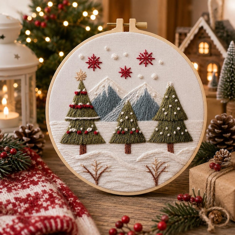 Winter landscape embroidery kit finished snowy Christmas tree cross stitch