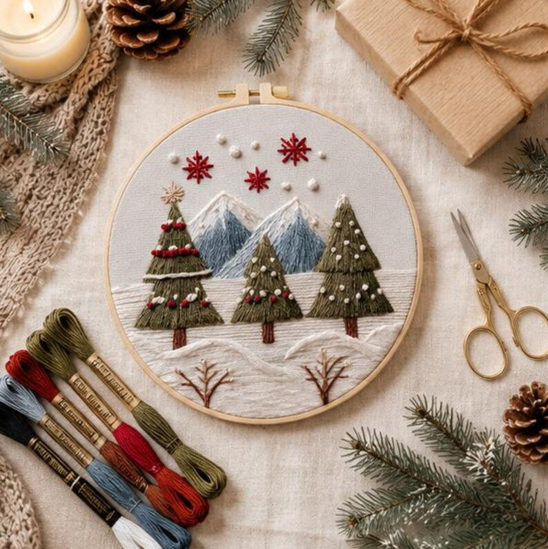 Winter landscape embroidery kit finished piece in hoop