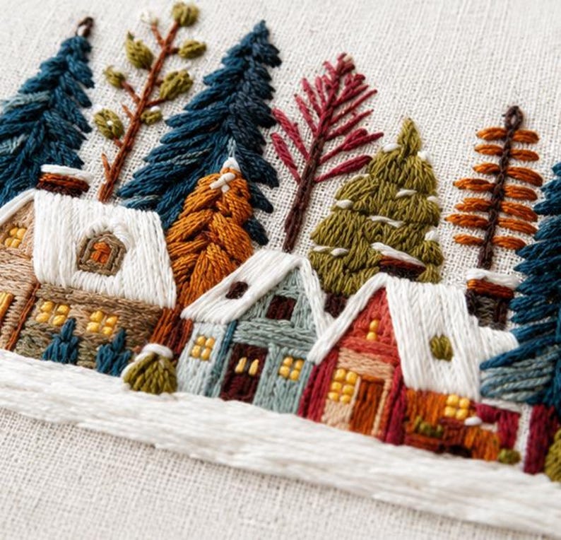 Scandinavian winter village embroidery kit pre-printed pattern