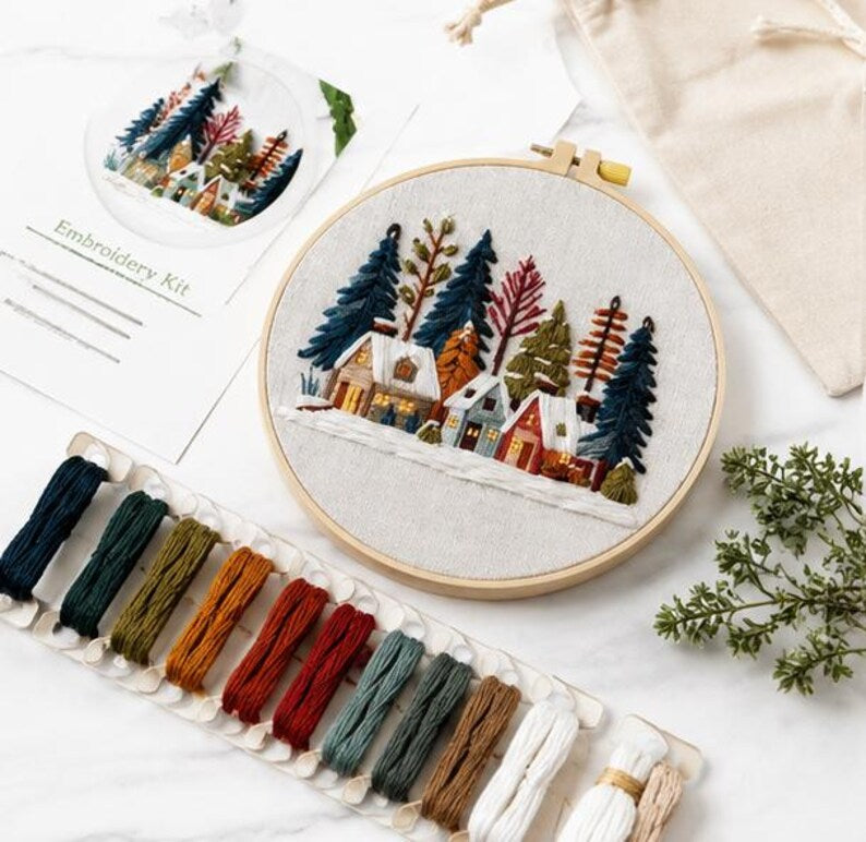 Scandinavian winter village embroidery kit hooped close up