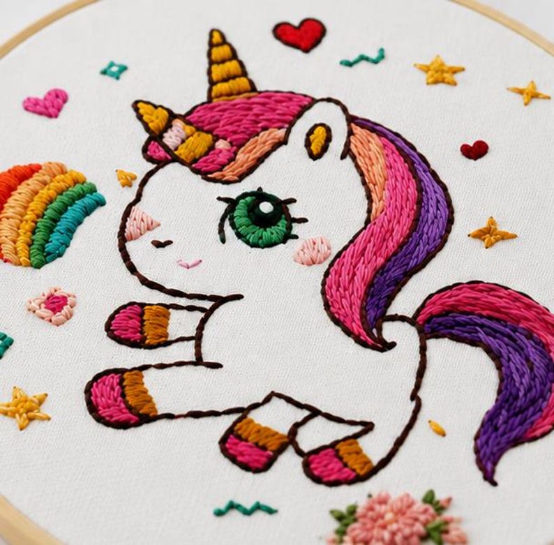 Rainbow unicorn embroidery kit close up stitching