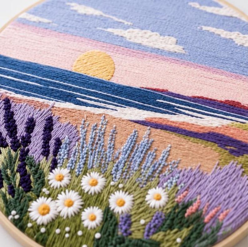 Lavender coast embroidery kit pattern fabric detail
