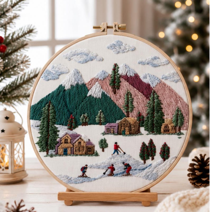 Winter mountain embroidery kit finished cross stitch of snowy cabin village
