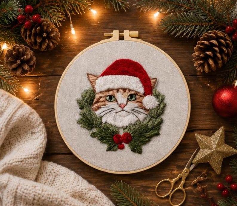 Christmas cat embroidery kit pattern close-up