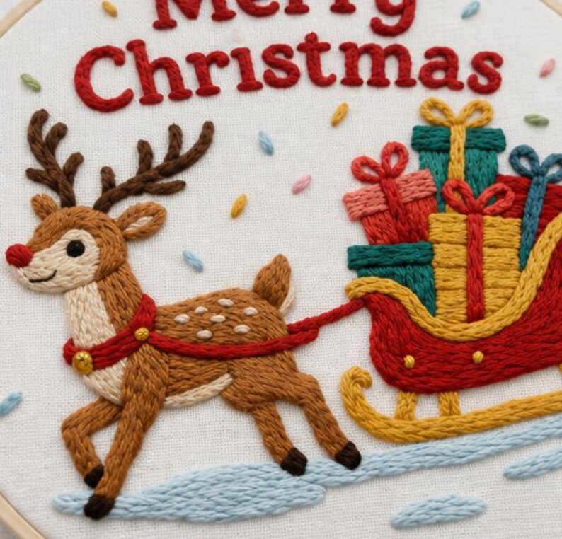 Christmas Reindeer Embroidery Kit, Merry Christmas Cross Stitch Kit for Beginners, Santa Sleigh DIY 