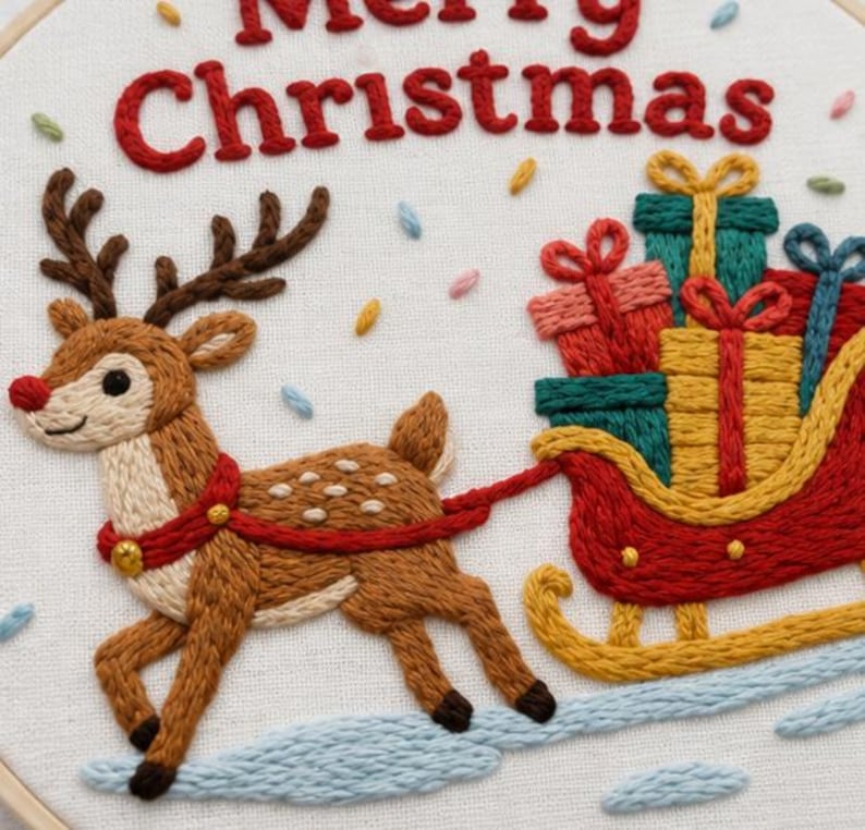 Christmas reindeer embroidery kit pattern close-up